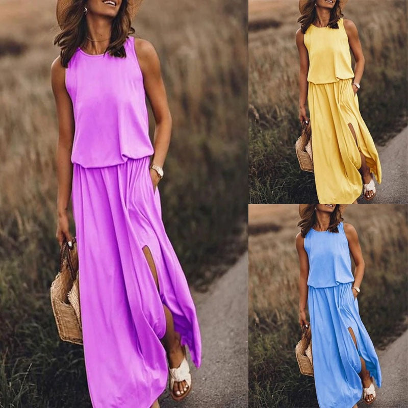 Round necked sleeveless dress with split solid color long skirt