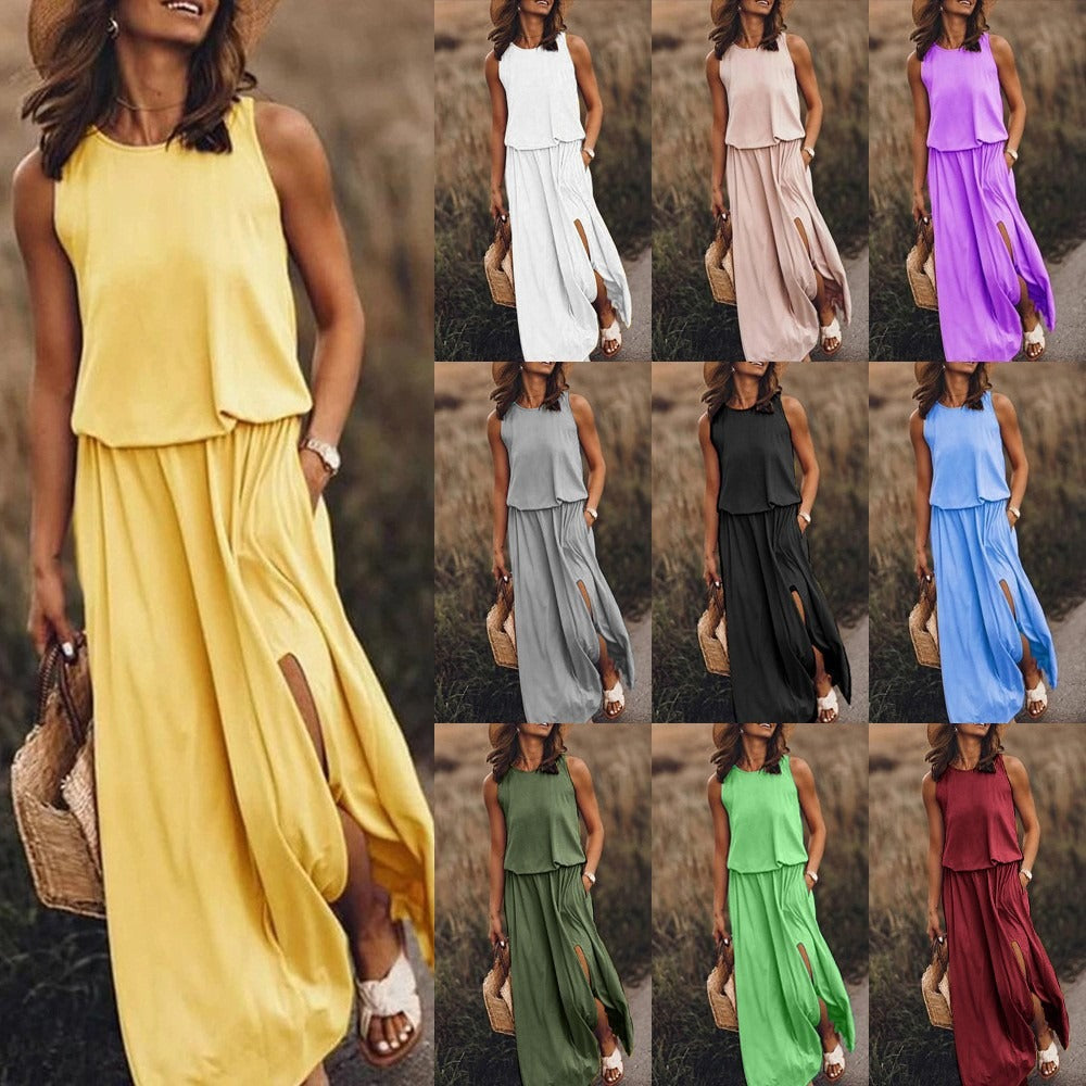 Round necked sleeveless dress with split solid color long skirt