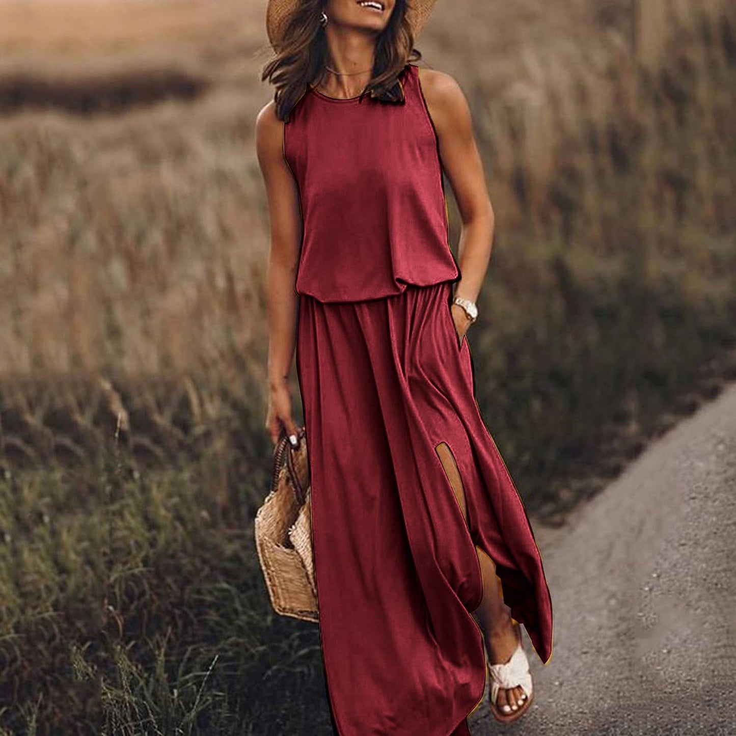 Round necked sleeveless dress with split solid color long skirt