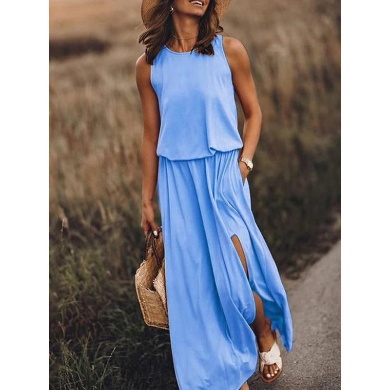 Round necked sleeveless dress with split solid color long skirt