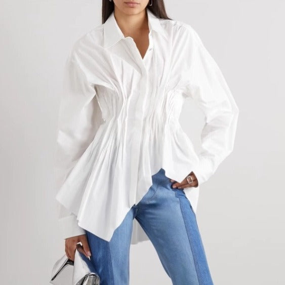 Women's Spring/Summer Style Waist Wrapped Top Polo Neck Long sleeved Shirt