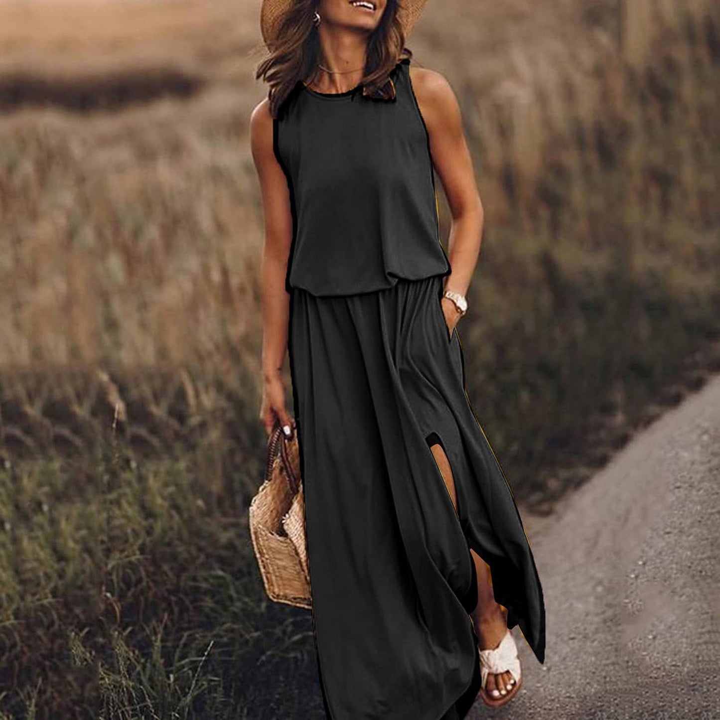 Round necked sleeveless dress with split solid color long skirt