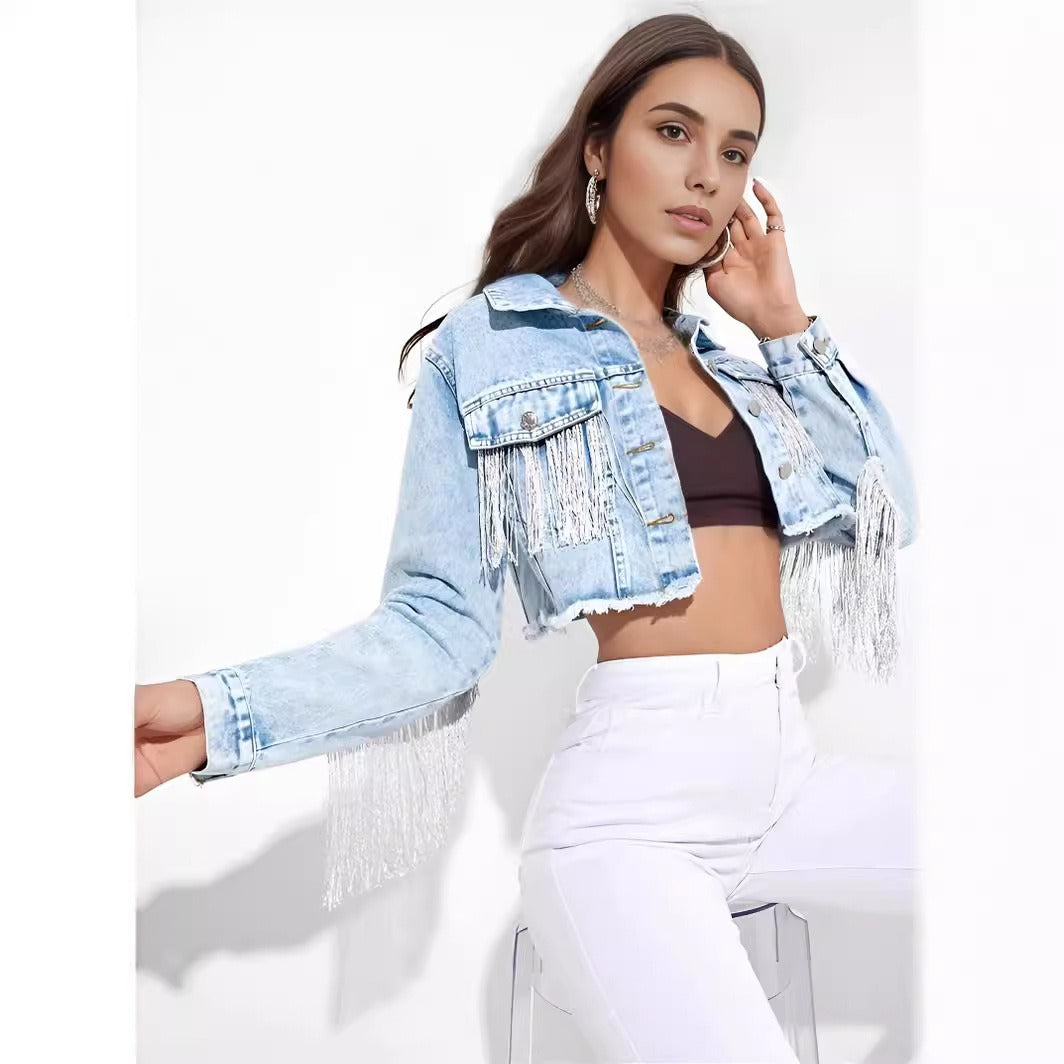 Tassel denim jacket, women's denim short jacket