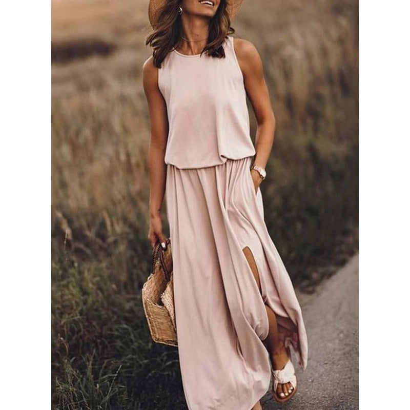 Round necked sleeveless dress with split solid color long skirt