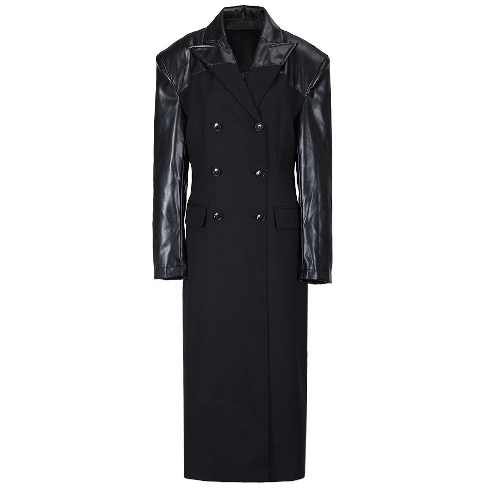 Temperament slimming splicing PU lapel coat jacket