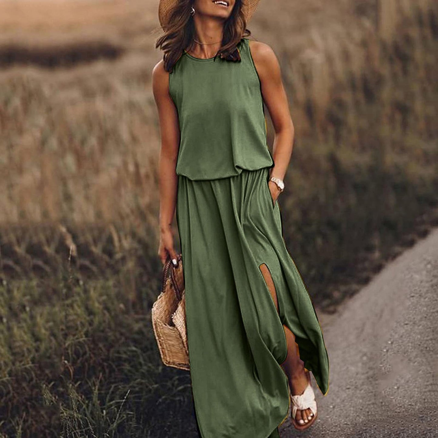 Round necked sleeveless dress with split solid color long skirt