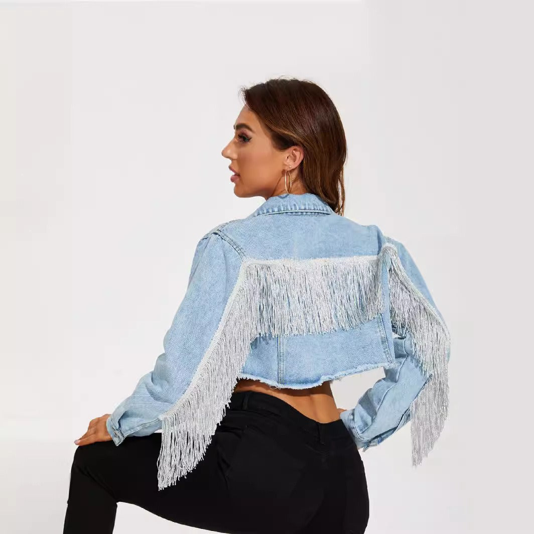 Tassel denim jacket, women's denim short jacket