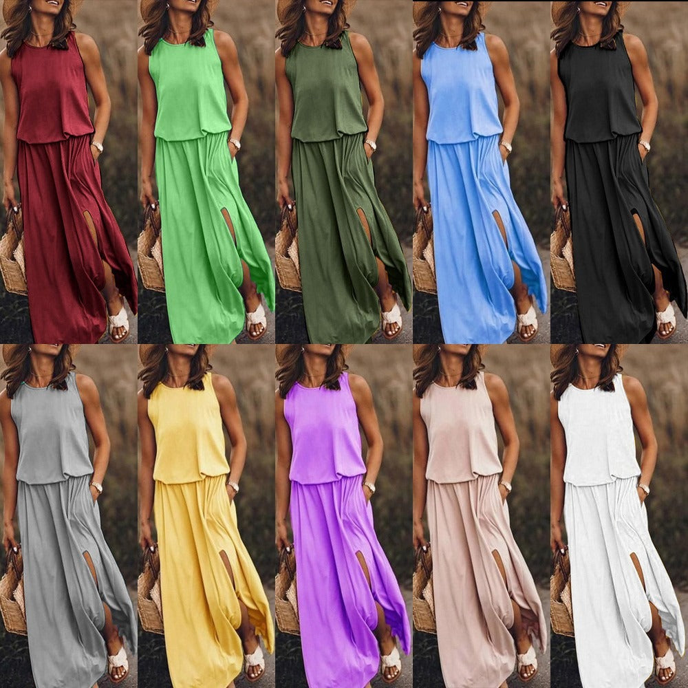 Round necked sleeveless dress with split solid color long skirt