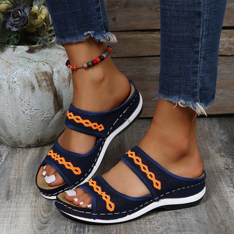 Women's flying woven sandals with thick soles, low cut, sloping heels, exposed toes